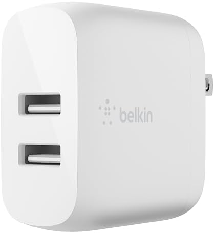 Belkin 24 W Dual Port USB Charger Block – Fast Charging Power Adapter for i Phone 16/15/14, i Pad Pro, Samsung Galaxy S25, Nintendo Switch 2 & More – Simultaneous Device Charging with Enhanced Safety Features – Compact & Travel-Friendly Design