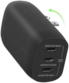 Belkin 67 W 3-Port USB-C Power Delivery Charger Block – Ultra-Fast Charging Hub for i Phone 16, Samsung Galaxy S25, Mac Book Pro & More – Portable & Versatile Charging Solution for Home, Office, and Travel – Enhanced PPS Technology for Universal Device Compatibility