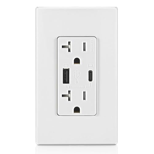 Leviton 60 W In-Wall USB Charger with Dual Type A/Type-C Ports and 20 A Tamper-Resistant Outlet – Fast Charging for Smartphones, Tablets, and Laptops – Modern Light Almond Finish, Ideal for Home and Office Efficiency – Safe, Stylish Power Solution for Tech Enthusiasts