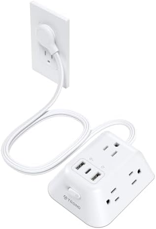 TROND Ultra Thin 15 ft Extension Cord with Flat Plug – 5 Spacious AC Outlets & 3 Fast-Charging USB Ports – 1440 J Surge Protection Power Strip with 3-Sided Wall Mount for Efficient Home Office Setup – Ideal for Dorm Rooms & Small Spaces