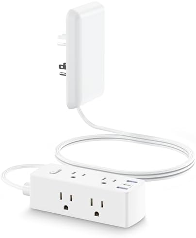Olcorife Slim Profile Flat Extension Cord Power Strip with 6 Versatile Outlets and 3 Fast-Charging USB Ports, 2000 Joules Surge Protection, 5 FT Space-Saving Cord for Organized Power Solutions in Tight Spaces and Modern Environments