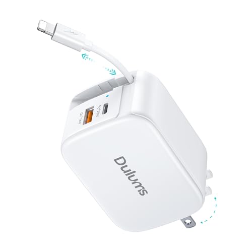 Dulums 40 W Ultra-Fast Retractable Wall Charger – Advanced QC3.0 & Power Delivery Technology with 2.6 FT Lightning Cable – Compact, Portable Power Solution for i Phone 16/15/14/13, Galaxy S24/S23, Pixel Devices – Perfect for On-the-Go Charging in Home, Office, or Travel