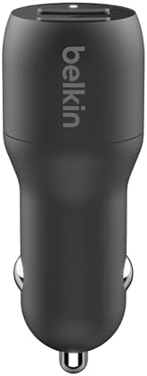 Belkin 24 W Dual USB Car Charger with Lightning Cable – High-Speed Charging Solution for i Phone, Samsung Galaxy, Air Pods & More – Compact and Durable Dual USB-A Power Adapter for Effortless On-the-Go Connectivity – Ultimate Versatility for Multiple Devices