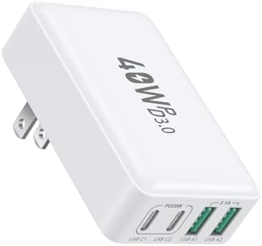 OKRAY 40 W Ultra-Slim 4-Port USB-C Wall Charger – Fast Charging Adapter with QC3.0 & PD3.0 for i Phone, Galaxy, and Pixel Devices – Foldable Plug for Effortless Travel & Home Use – Power Multiple Devices Simultaneously with Compact Efficiency