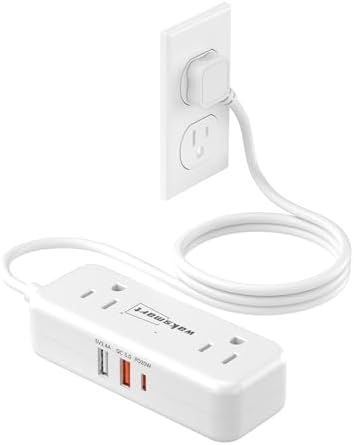 Sleek Flat Plug Power Strip with 5 Ft Extension Cord – 4 AC Outlets & 3 Fast-Charging USB Ports (5 V/3.4 A) – Compact Travel-Friendly Power Solution for College Dorms, Home Offices, and On-the-Go Charging – Maximize Space and Connectivity