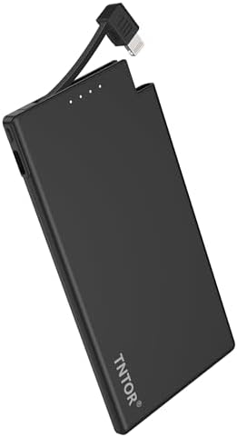 TNTOR Ultra-Thin 5000 m Ah Portable Charger with Built-in Lightning Cable – Lightweight Power Bank for i Phone 14/13/12/11/X/8 – Essential Travel Companion for Fast Charging and Enhanced Device Compatibility