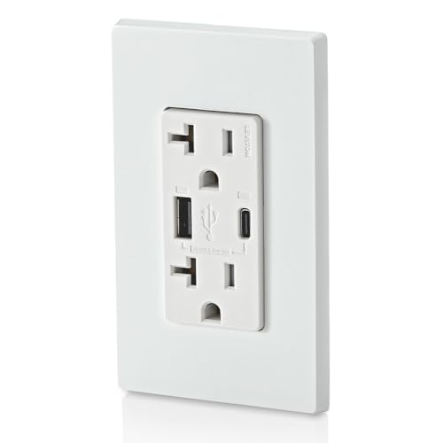 Leviton 60 W In-Wall USB Charger with Dual Type A/Type-C Ports and 20 A Tamper-Resistant Outlet – Fast Charging for Smartphones, Tablets, and Laptops – Modern Light Almond Finish, Ideal for Home and Office Efficiency – Safe, Stylish Power Solution for Tech Enthusiasts