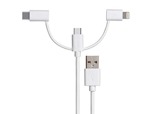 Monoprice 3-in-1 USB Multiport Charging Cable – 3 ft White – Versatile USB Micro-B, USB-C & Lightning Compatibility for Fast Charging and Data Transfer – Essential Tech Accessory for Home, Office, and Travel