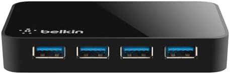Belkin 4-Port USB 3.0 Hub – Super Speed Powered Adapter for Seamless Data Transfer & Fast Charging – Ideal Companion for Laptops, Printers, i Phone Chargers & Storage Devices – Compact Black Design for Enhanced Portability and Performance