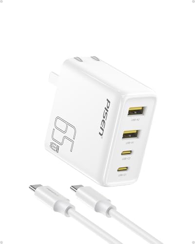 PISEN 65 W Ga N USB-C Fast Charger | 4-Port Compact Wall Adapter with 4 FT Cable | Ultimate Charging Solution for Mac Book Pro, i Pad Pro, Galaxy S23 & i Phone Series | Enhanced Speed, Energy Efficiency & Travel-Friendly Design