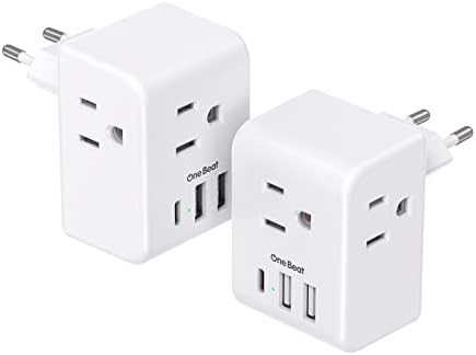 Ultimate European Travel Plug Adapter Set – Dual Pack Universal Power Converter with 3 AC Outlets and 3 USB Charging Ports (including USB-C) for Efficient Power Solutions in Italy, Spain, France, Germany, and Iceland – Essential Accessory for Global Travelers Seeking Versatile Compatibility and Rapid Charging Efficiency
