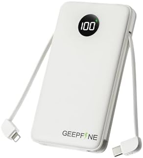 GEEPFINE 10000 m Ah Slim Portable Charger Power Bank – Built-in Cables & PD20 W Fast Charging for i Phone & Samsung – LED Display Travel Essential for Quick Device Charging – Compact & Durable Power Bank Solution