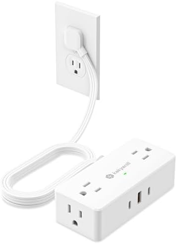 Kakyanill Compact Surge Protector Power Strip with 4 AC Outlets and Dual USB-C Ports – 5 ft Flat Extension Cord for Space-Saving Convenience and 900 Joules Protection – Ideal for Home, Office, and Dorm Room Use – Sleek White Design for Modern Living