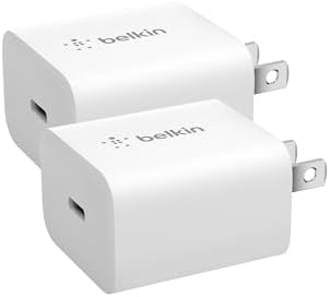 Belkin 20 W USB-C Charger Block (2-Pack) – Ultra-Fast Power Delivery for i Phone 16/15/14/13, i Pad, Air Pods & Samsung Galaxy S25 – Compact Design for Home, Office & Travel – Reliable Charging for Nintendo Switch 2 & More – Sleek White Finish