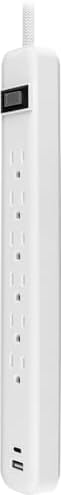 GE 6-Outlet Power Strip with Dual USB Ports – Fast Charging USB-A & USB-C, 4 ft Durable Braided Cord, Wall Mountable Design, Circuit Breaker for Enhanced Safety, ETL Certified, Versatile White Power Solution for Home and Office