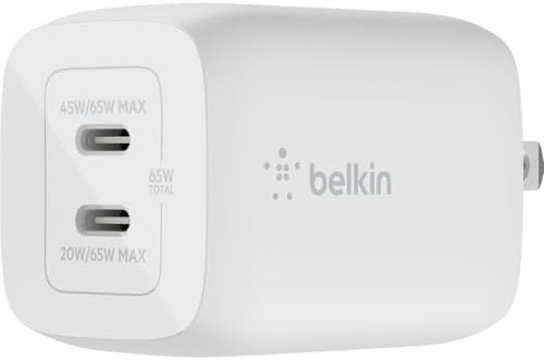 Belkin 65 W Dual USB-C Fast Charger Block – Super Charging PD3.0 with Ga N Efficiency for i Phone 16, Samsung Galaxy S25, Mac Book & More – Dual Port Power Adapter for Rapid Device Charging – Sleek White Design for Modern Aesthetics – Ideal for Multitasking and On-the-Go Lifestyle