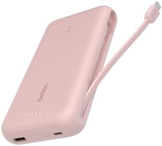 Belkin 10,000 m Ah Portable Charger – Fast Charge Power Bank with Integrated Cable for i Phone 16, i Pad Pro, Galaxy S25 – 20 W USB-C Power Delivery – Lightweight Pink Design for Ultimate Portability and Versatile Compatibility