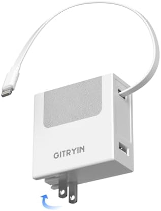 Revolutionary 40 W Fast Charging Portable USB Phone Charger Block with Retractable 31.5-inch Lightning Cable – Compact Wall Adapter with USB-C Port and Foldable Plug for i Phone 14/13/12, Perfect for Travel and Everyday Use