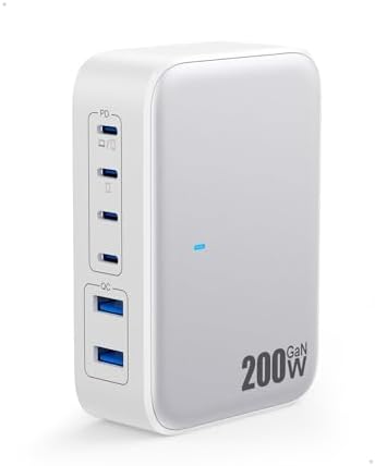 200 W USB C Charging Hub with 6 Ports – Ga N IV Foldable Wall Charger for Rapid Device Power-Up, PD 65 W Laptop Charger for Mac Book Pro, Dell, i Phone 16/15, i Pad, Galaxy & Steam Deck – Compact & Travel-Friendly Fast Charging Solution