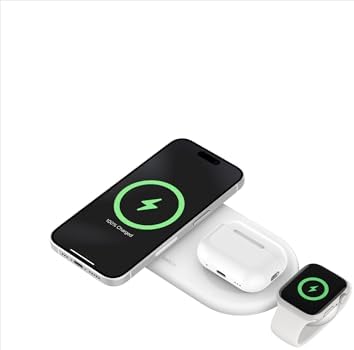 Belkin 15 W Mag Safe-Compatible 2-in-1 Wireless Charging Station – Fast Dual Device Charger for i Phone 16, 15, 14, 13 Series & Air Pods – Sleek Sand Design for Effortless Portability and Seamless Power Solutions