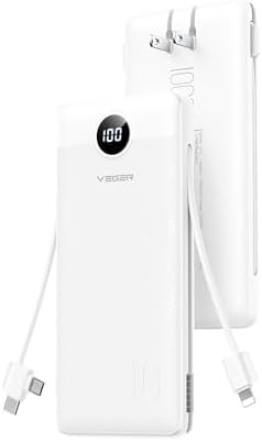 VEGER 10,000 m Ah AC Wall Plug Portable Charger – Ultra-Slim Power Bank with Built-In Cables, 15 W USB-C Fast Charging, Essential Travel Companion for i Phone, Android & More – Effortless Charging Anywhere