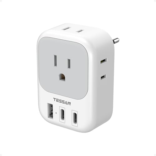 TESSAN Universal European Travel Power Adapter – 3 High-Speed USB Ports (2 USB-C) & 4 AC Outlets for Seamless Device Charging Across France, Germany, Spain, Greece & More – Compact Multi-Port Solution for Global Travelers – Ultimate Type E/F Plug Converter for Efficient Connectivity