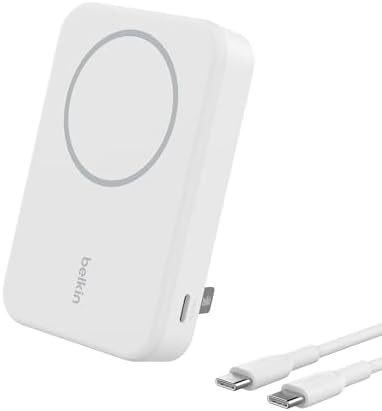 Belkin 5000 m Ah Wireless Power Bank with Qi2 Technology – Mag Safe-Compatible Portable Charger Featuring Built-in Kickstand for i Phone 16, 15, 14, 13, Plus, Pro, Pro Max – Sleek White Design for Seamless Charging on the Go – Optimal Speed & Versatile Compatibility