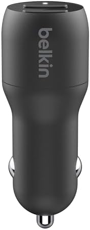 Belkin 24 W Dual USB Car Charger with Lightning Cable – High-Speed Charging Solution for i Phone, Samsung Galaxy, Air Pods & More – Compact and Durable Dual USB-A Power Adapter for Effortless On-the-Go Connectivity – Ultimate Versatility for Multiple Devices