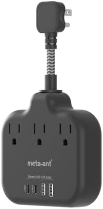 Stylish Brown Travel Power Strip with 5 Ft Cord – Compact Extension Solution Featuring 3 AC Outlets & 4 USB Ports (2 USB-C) for Rapid Charging – Ideal Desk Accessory for Tan Wood and Walnut Grain Décor – Maximize Functionality & Aesthetics in Any Space