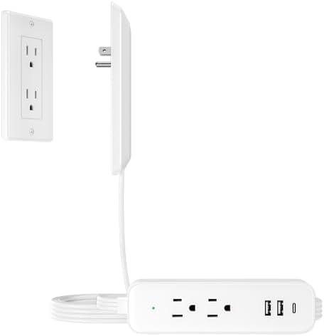 Versatile 5 FT Flat Socket Extension Cord with Surge Protection: 2 AC Outlets, 1 USB C & 2 USB A Ports – Ideal Multi-Device Charger for Home, Dorm, Office, and Travel – Compact Power Strip for Effortless Charging and Enhanced Safety