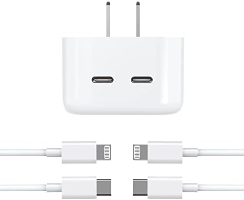 MFi Certified 35 W Dual USB-C Power Adapter for i Phone 13/14 – Compact Foldable Fast Charger with 2 x 6.6 FT USB-C to Lightning Cables for Rapid Charging and Enhanced Compatibility – Ideal Travel Solution for Apple Devices
