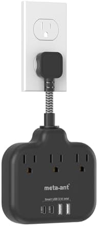 Stylish Brown Travel Power Strip with 5 Ft Cord – Compact Extension Solution Featuring 3 AC Outlets & 4 USB Ports (2 USB-C) for Rapid Charging – Ideal Desk Accessory for Tan Wood and Walnut Grain Décor – Maximize Functionality & Aesthetics in Any Space