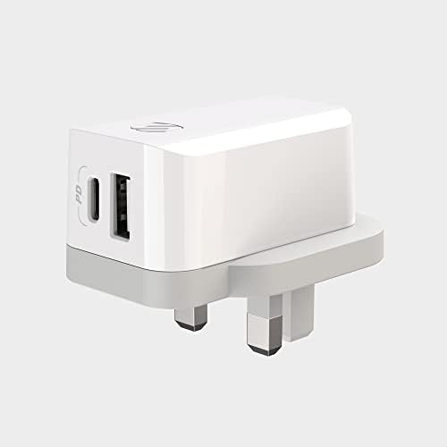 Scosche HPDCA32 UK Power Volt 32 W Fast Charging Adapter – Dual USB Type-C & Type-A Wall Charger with Power Delivery 3.0 for Rapid Device Charging – Universal Compatibility for Smartphones, Tablets, and More in Sleek White Design