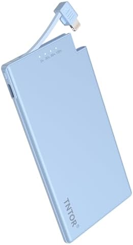 TNTOR Ultra-Thin 5000 m Ah Portable Charger with Built-in Lightning Cable – Lightweight Power Bank for i Phone 14/13/12/11/X/8 – Essential Travel Companion for Fast Charging and Enhanced Device Compatibility