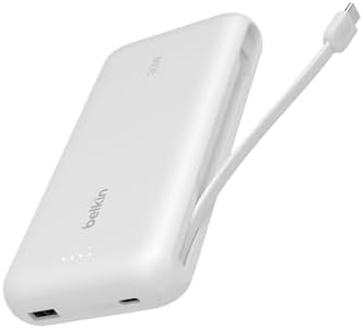 Belkin 10,000 m Ah Portable Charger – Fast Charge Power Bank with Integrated Cable for i Phone 16, i Pad Pro, Galaxy S25 – 20 W USB-C Power Delivery – Lightweight Pink Design for Ultimate Portability and Versatile Compatibility