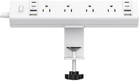 40 W Rapid Charge Desk Clamp Power Strip with 8 AC Outlets & 8 USB Ports – Versatile Surge Protector for Home & Office, Featuring 4 USB-C and 4 USB-A Ports, Secure Edge Mount Design for Tables up to 1.9 Inches, 14 AWG Heavy-Duty Cord for Optimal Performance and Safety