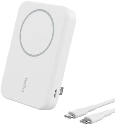 Belkin 5000 m Ah Wireless Power Bank with Qi2 Technology – Mag Safe-Compatible Portable Charger Featuring Built-in Kickstand for i Phone 16, 15, 14, 13, Plus, Pro, Pro Max – Sleek White Design for Seamless Charging on the Go – Optimal Speed & Versatile Compatibility