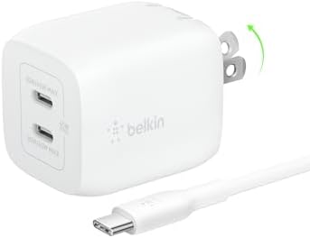 Belkin 45 W Dual USB-C Fast Charger Block with Ga N Technology – Rapid PD3.0 Charging for i Phone 16, Samsung Galaxy S25, i Pad, Mac Book & Nintendo Switch 2 – Compact Design for Travel & Enhanced Device Compatibility – Sleek White Finish for Modern Aesthetics