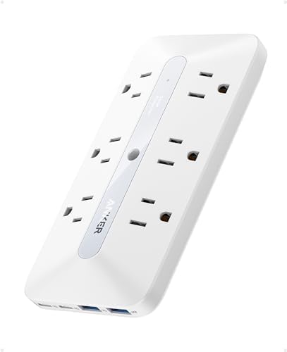 Anker 10-in-1 Wall Charger with 300 J Surge Protection – Versatile Desk Charging Station Featuring 6 AC Outlets, 2 USB-A, and 2 USB-C Ports for Fast 20 W Charging – Ideal Home Office and Dorm Room Essential with Enhanced Compatibility for All Devices