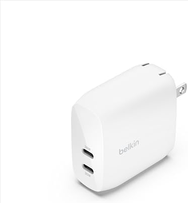 Belkin 65 W Dual USB-C Fast Charger Block – Super Charging PD3.0 with Ga N Efficiency for i Phone 16, Samsung Galaxy S25, Mac Book & More – Dual Port Power Adapter for Rapid Device Charging – Sleek White Design for Modern Aesthetics – Ideal for Multitasking and On-the-Go Lifestyle
