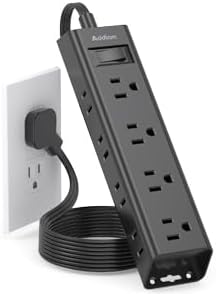 Ultra-Thin Flat Plug Power Strip with 12 AC Outlets – Addtam 5-Ft Surge Protector for Desk and Wall Mount – Multi-Device Charging Station for Home and Office – 1050 Joules Protection, Space-Saving Design for Tidy Workspaces and Enhanced Connectivity