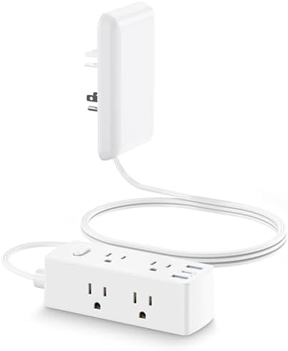 Olcorife Slim Profile Flat Extension Cord Power Strip with 6 Versatile Outlets and 3 Fast-Charging USB Ports, 2000 Joules Surge Protection, 5 FT Space-Saving Cord for Organized Power Solutions in Tight Spaces and Modern Environments