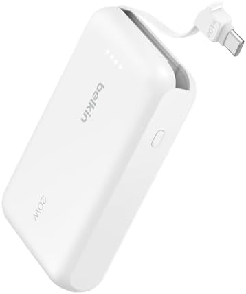 Belkin 10,000 m Ah Portable Charger – Fast Charge Power Bank with Integrated Cable for i Phone 16, i Pad Pro, Galaxy S25 – 20 W USB-C Power Delivery – Lightweight Pink Design for Ultimate Portability and Versatile Compatibility