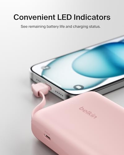 Belkin 10,000 m Ah Portable Charger – Fast Charge Power Bank with Integrated Cable for i Phone 16, i Pad Pro, Galaxy S25 – 20 W USB-C Power Delivery – Lightweight Pink Design for Ultimate Portability and Versatile Compatibility