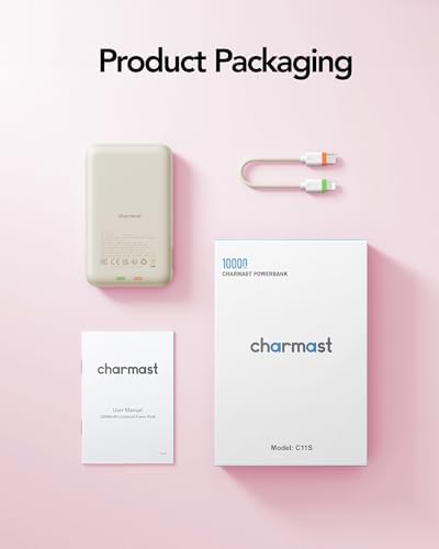 Charmast 10000 m Ah Slim Power Bank – 20 W Fast Charging Portable Charger with Removable Cable for i Phone & Android – Lightweight Hand-Free Battery Pack with Digital Display for Effortless Travel Convenience