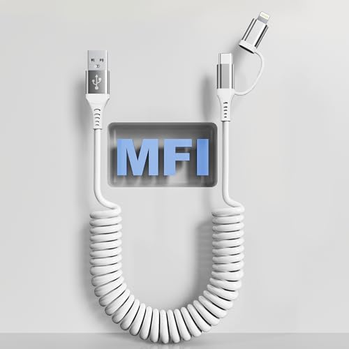 Universal Coiled USB to USB-C and Lightning Charging Cable for Car – 3 A Fast Charge & Data Sync Solution for i Phone and Android Devices – Ideal 3 Ft Length for Seamless Apple Car Play & Android Auto Integration – Durable, Tangle-Free, and Convenient Power Access in Your Vehicle – Enhance Your Driving Experience with Reliable Connectivity