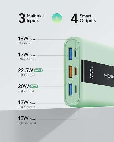 Ultra-Reliable VRURC 20,000 m Ah Portable Power Bank – Fast Charging Battery Pack with 4 USB Outputs and 3 Input Options for Ultimate Device Compatibility – Compact Travel Essential for i Phone, Samsung, and Android Users – Durably Designed for On-the-Go Charging Needs