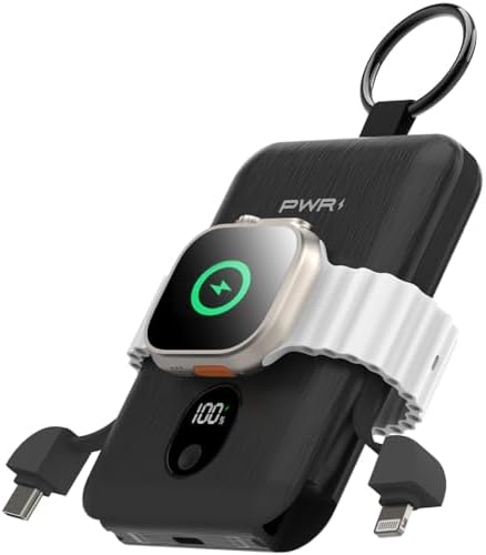 Versatile PWR Versa 4 in 1 Portable Charger for Apple Watch – 5000 m Ah Wireless Power Bank with Built-in Cables and Travel Keychain – Fast Charging, Enhanced Device Compatibility, and Durable Design for On-the-Go Power Solutions