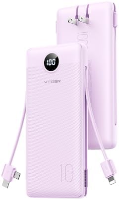 VEGER 10,000 m Ah AC Wall Plug Portable Charger – Ultra-Slim Power Bank with Built-In Cables, 15 W USB-C Fast Charging, Essential Travel Companion for i Phone, Android & More – Effortless Charging Anywhere
