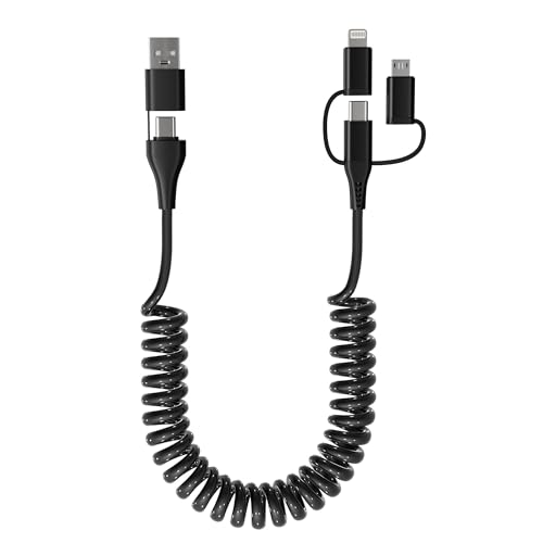Versatile Coiled USB to USB-C & Lightning Cable Combo for i Phone and Android – MFi Certified Fast Charge & Data Sync up to 3 A – Tangle-Free Design for Apple Car Play & Android Auto Compatibility – Durable, High-Quality Charging Solution for Seamless Connectivity on the Go
